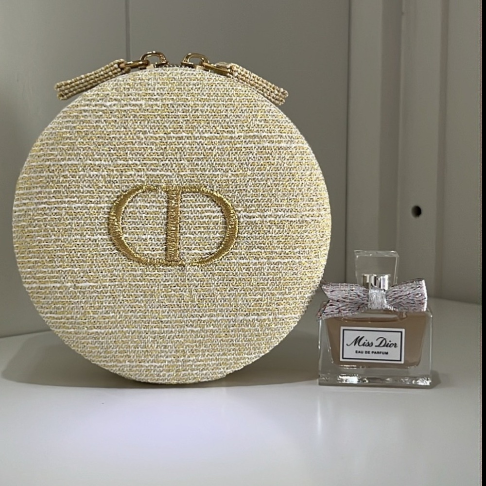 DIOR ROUND COSMETIC CASE & MISS DIOR DELUXE MINI PERFUME-NEW